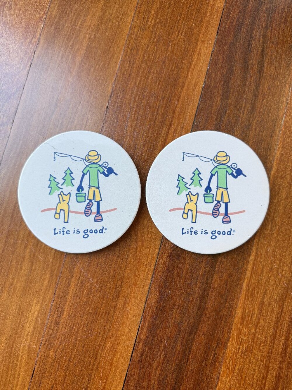 Life is Good Stoneware Fisherman & Dog Set of Two (2) Coasters